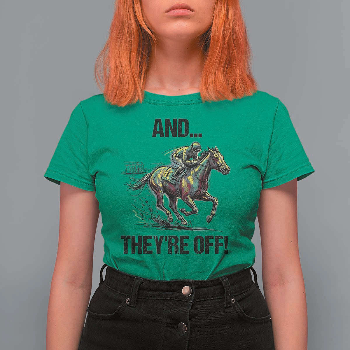 And They’re Off Colorful Horse Racing Sketch T Shirt For Women Jockey and Thoroughbred Sprinting Race Day