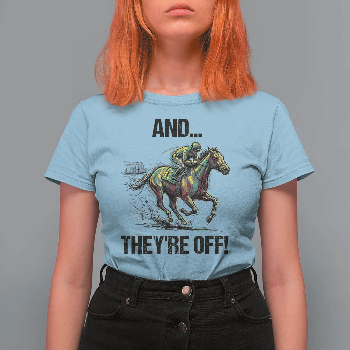 And They’re Off Colorful Horse Racing Sketch T Shirt For Women Jockey and Thoroughbred Sprinting Race Day
