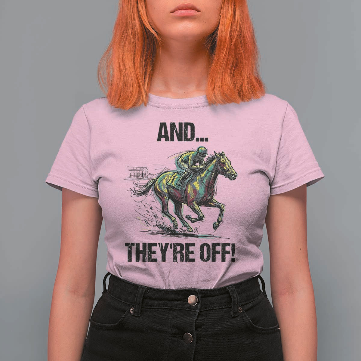 And They’re Off Colorful Horse Racing Sketch T Shirt For Women Jockey and Thoroughbred Sprinting Race Day