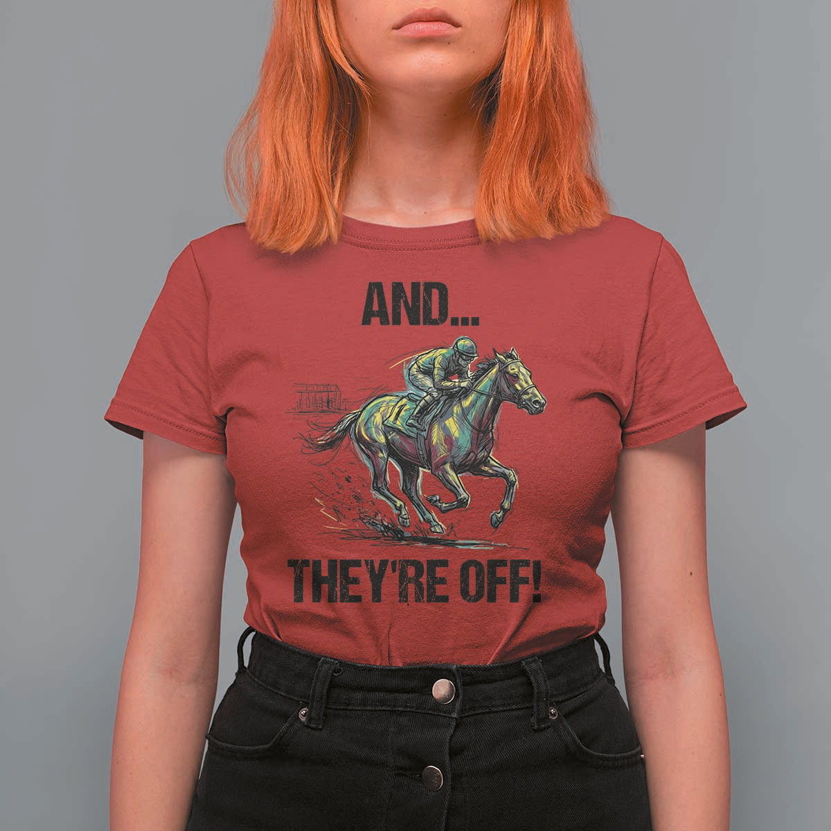And They’re Off Colorful Horse Racing Sketch T Shirt For Women Jockey and Thoroughbred Sprinting Race Day