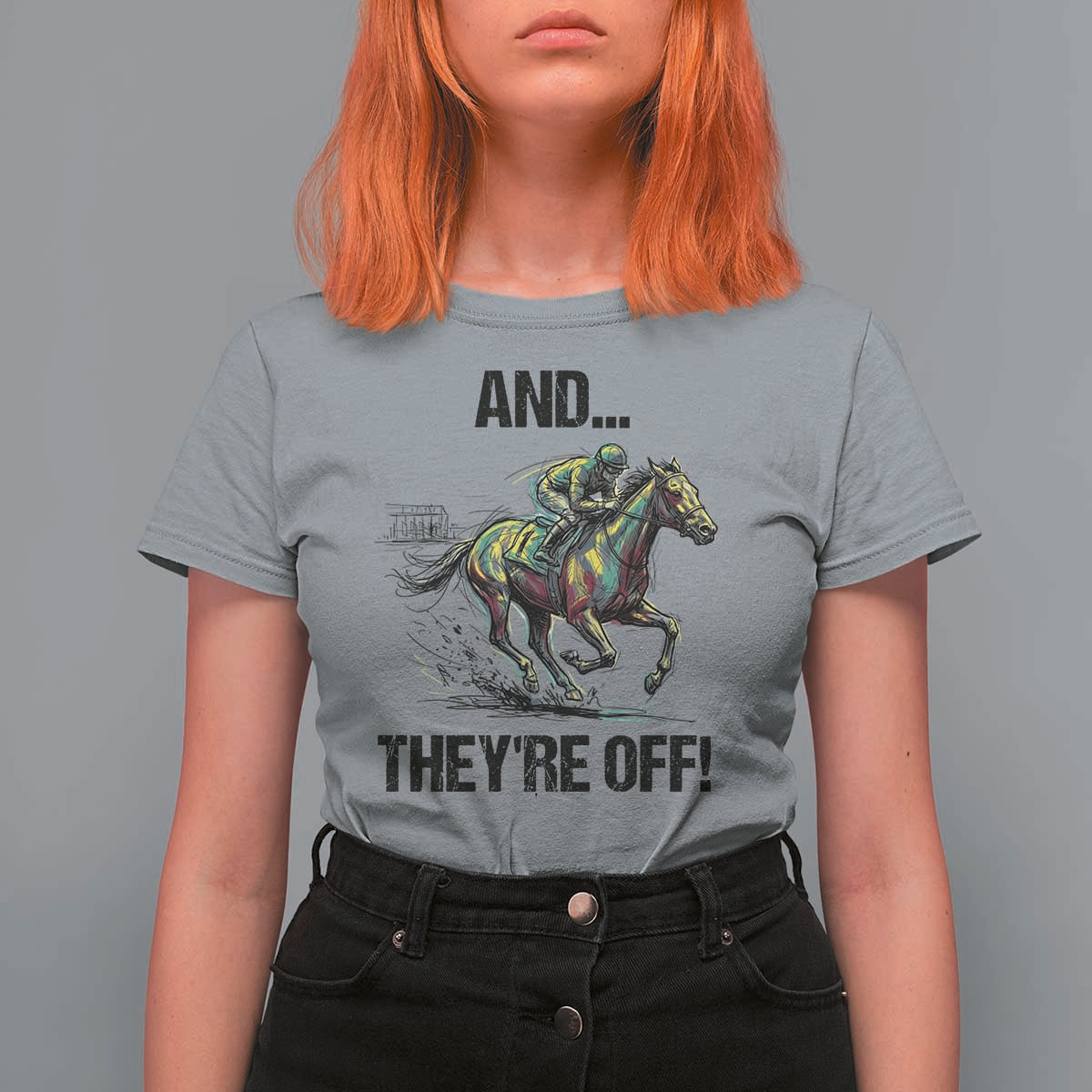 And They’re Off Colorful Horse Racing Sketch T Shirt For Women Jockey and Thoroughbred Sprinting Race Day