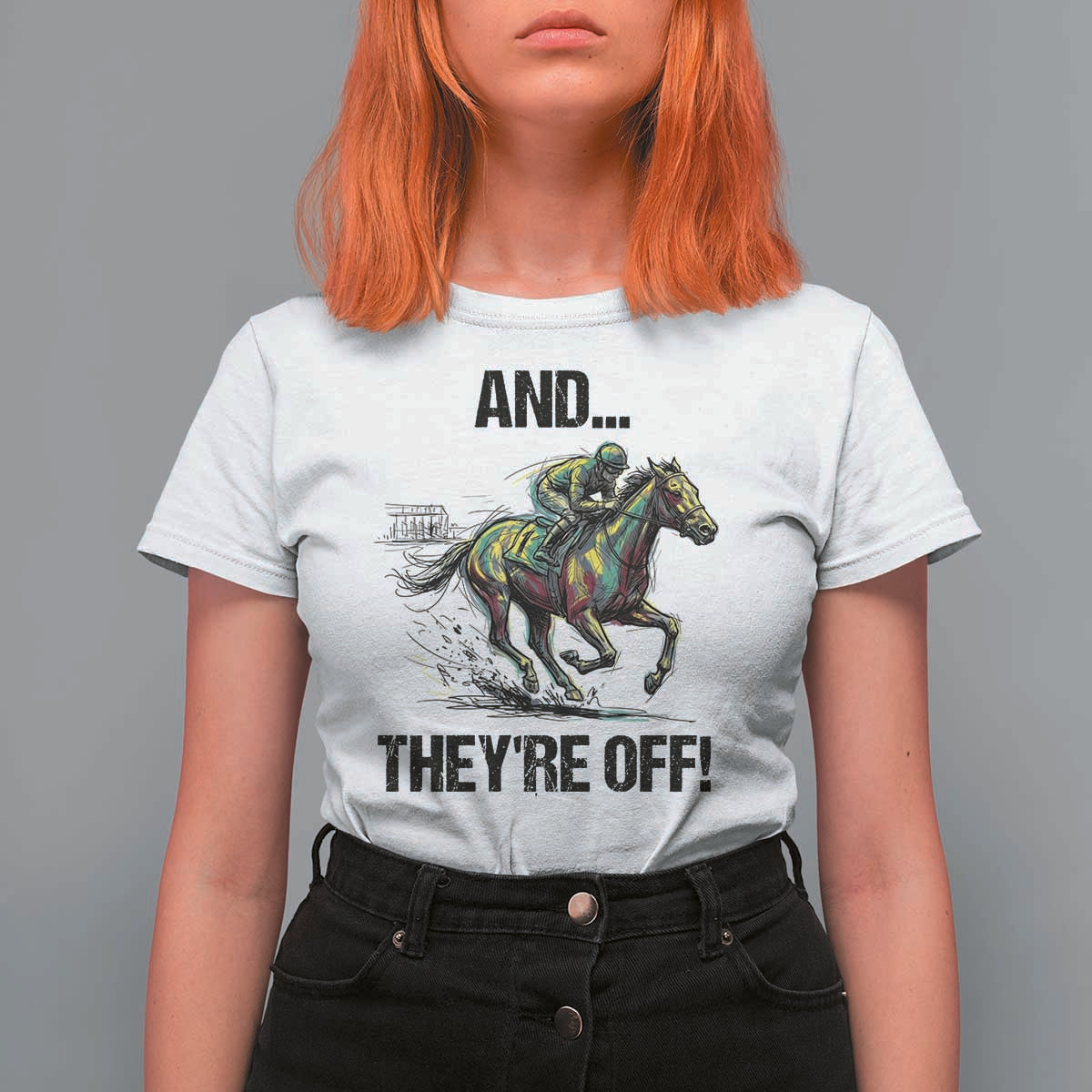 And They’re Off Colorful Horse Racing Sketch T Shirt For Women Jockey and Thoroughbred Sprinting Race Day