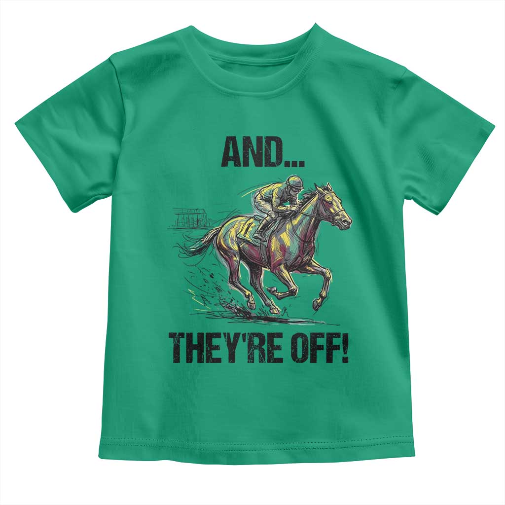 And They’re Off Colorful Horse Racing Sketch Toddler T Shirt Jockey and Thoroughbred Sprinting Race Day