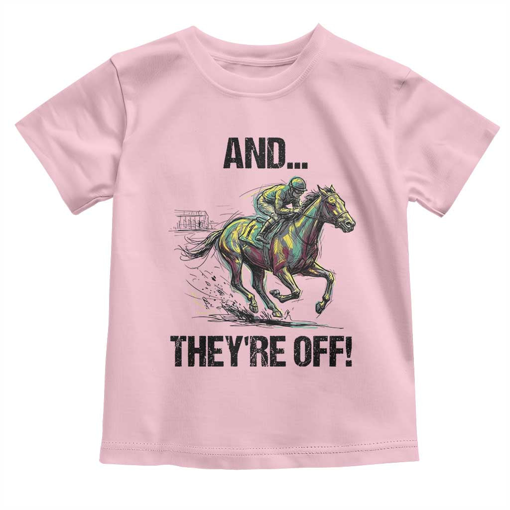 And They’re Off Colorful Horse Racing Sketch Toddler T Shirt Jockey and Thoroughbred Sprinting Race Day