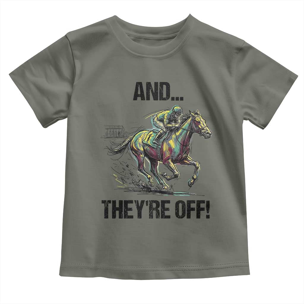 And They’re Off Colorful Horse Racing Sketch Toddler T Shirt Jockey and Thoroughbred Sprinting Race Day