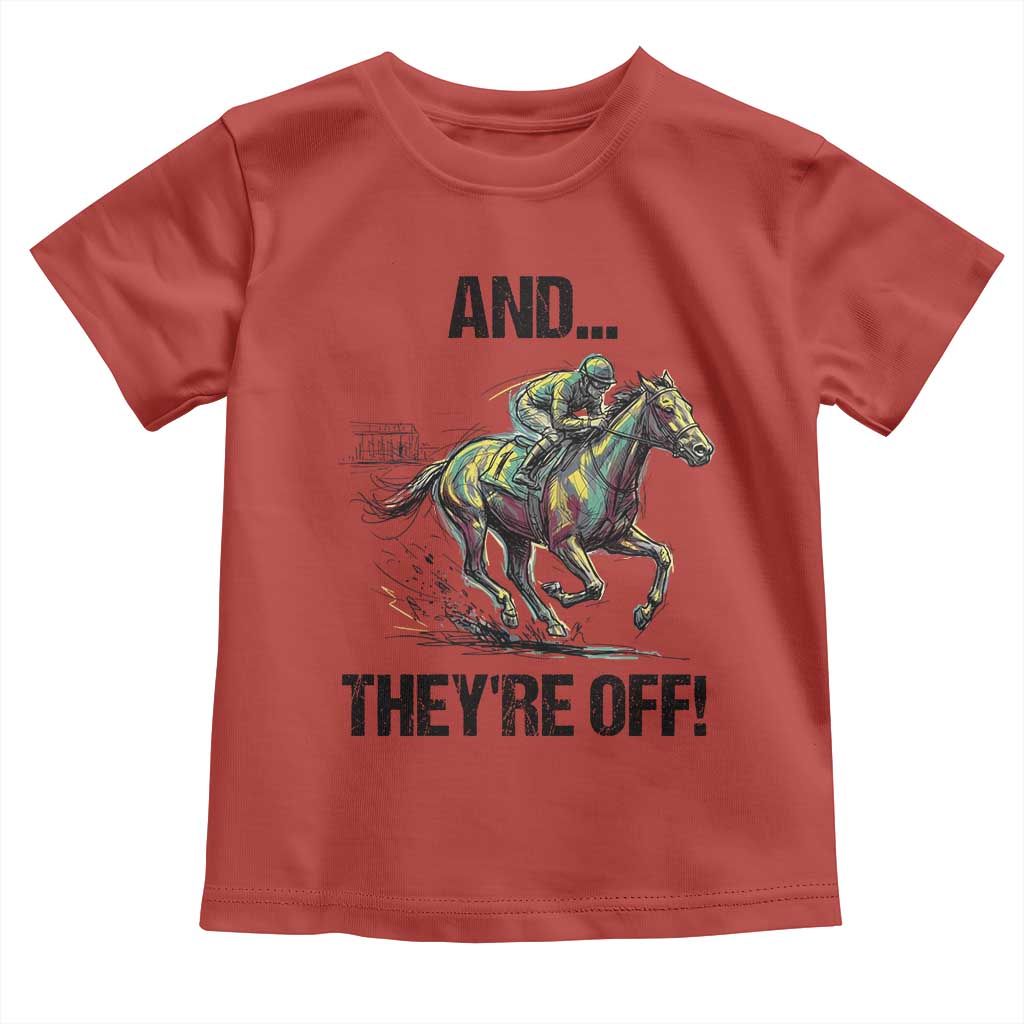 And They’re Off Colorful Horse Racing Sketch Toddler T Shirt Jockey and Thoroughbred Sprinting Race Day