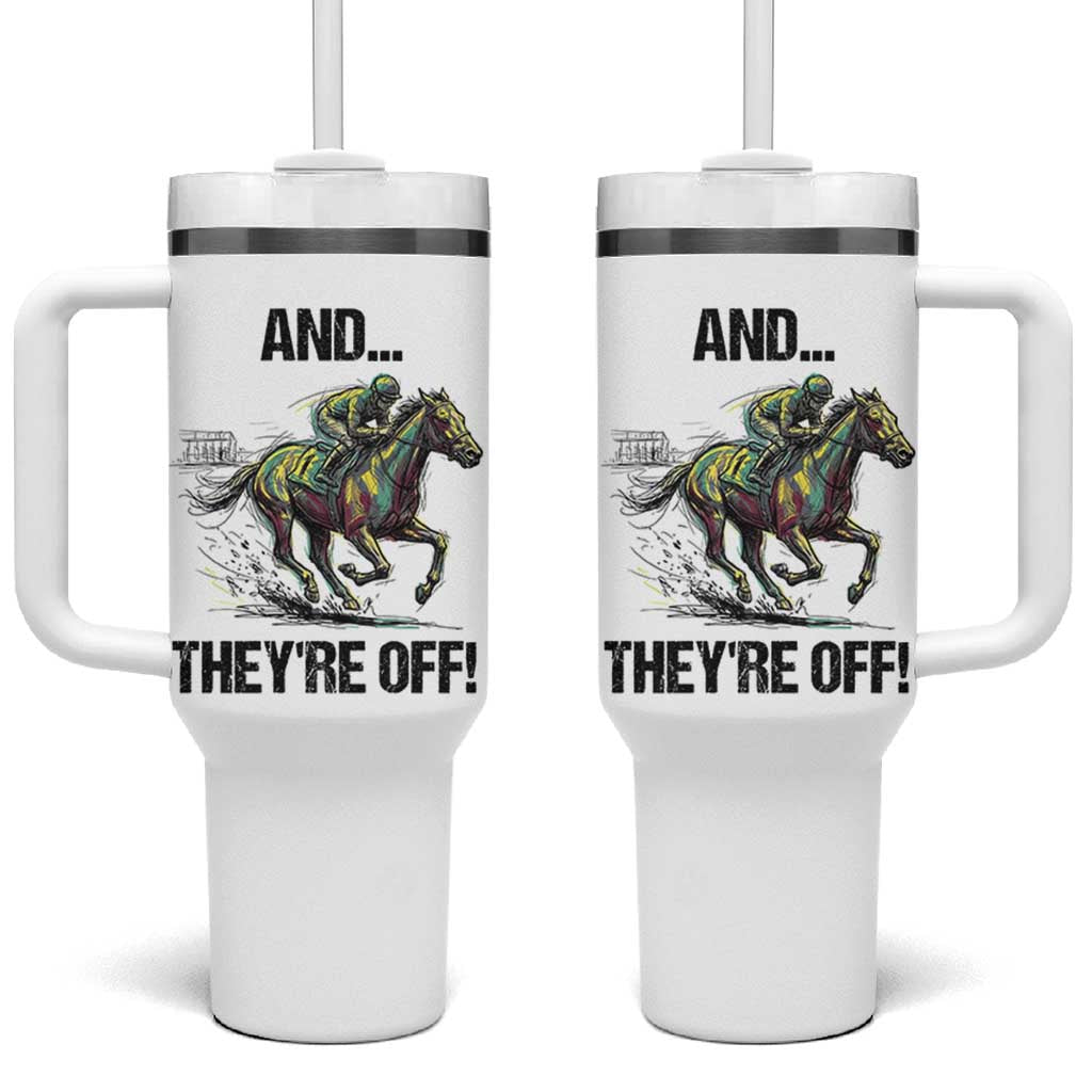 And They’re Off Colorful Horse Racing Sketch Tumbler With Handle Jockey and Thoroughbred Sprinting Race Day