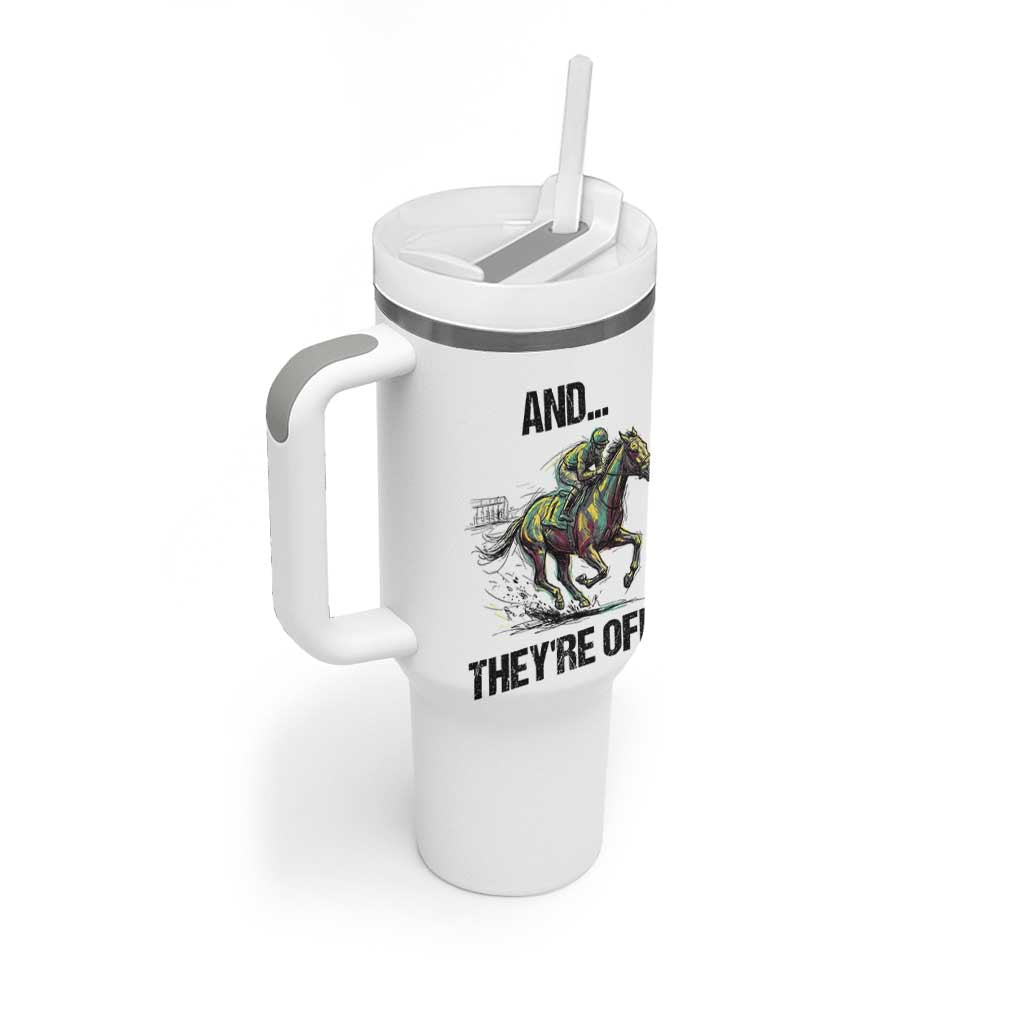 And They’re Off Colorful Horse Racing Sketch Tumbler With Handle Jockey and Thoroughbred Sprinting Race Day