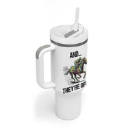 And They’re Off Colorful Horse Racing Sketch Tumbler With Handle Jockey and Thoroughbred Sprinting Race Day