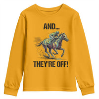 And They’re Off Colorful Horse Racing Sketch Youth Sweatshirt Jockey and Thoroughbred Sprinting Race Day