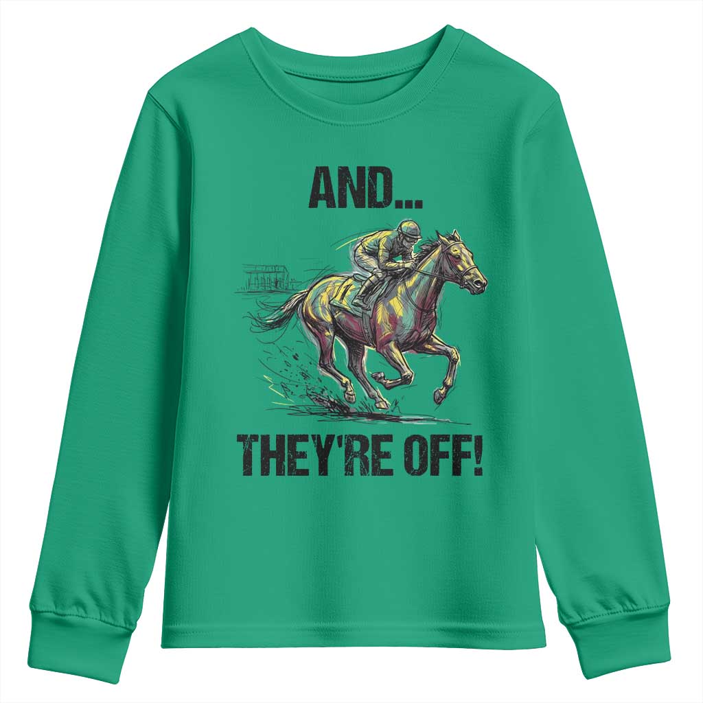 And They’re Off Colorful Horse Racing Sketch Youth Sweatshirt Jockey and Thoroughbred Sprinting Race Day
