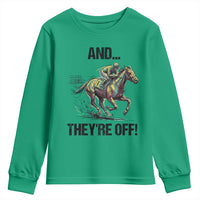 And They’re Off Colorful Horse Racing Sketch Youth Sweatshirt Jockey and Thoroughbred Sprinting Race Day