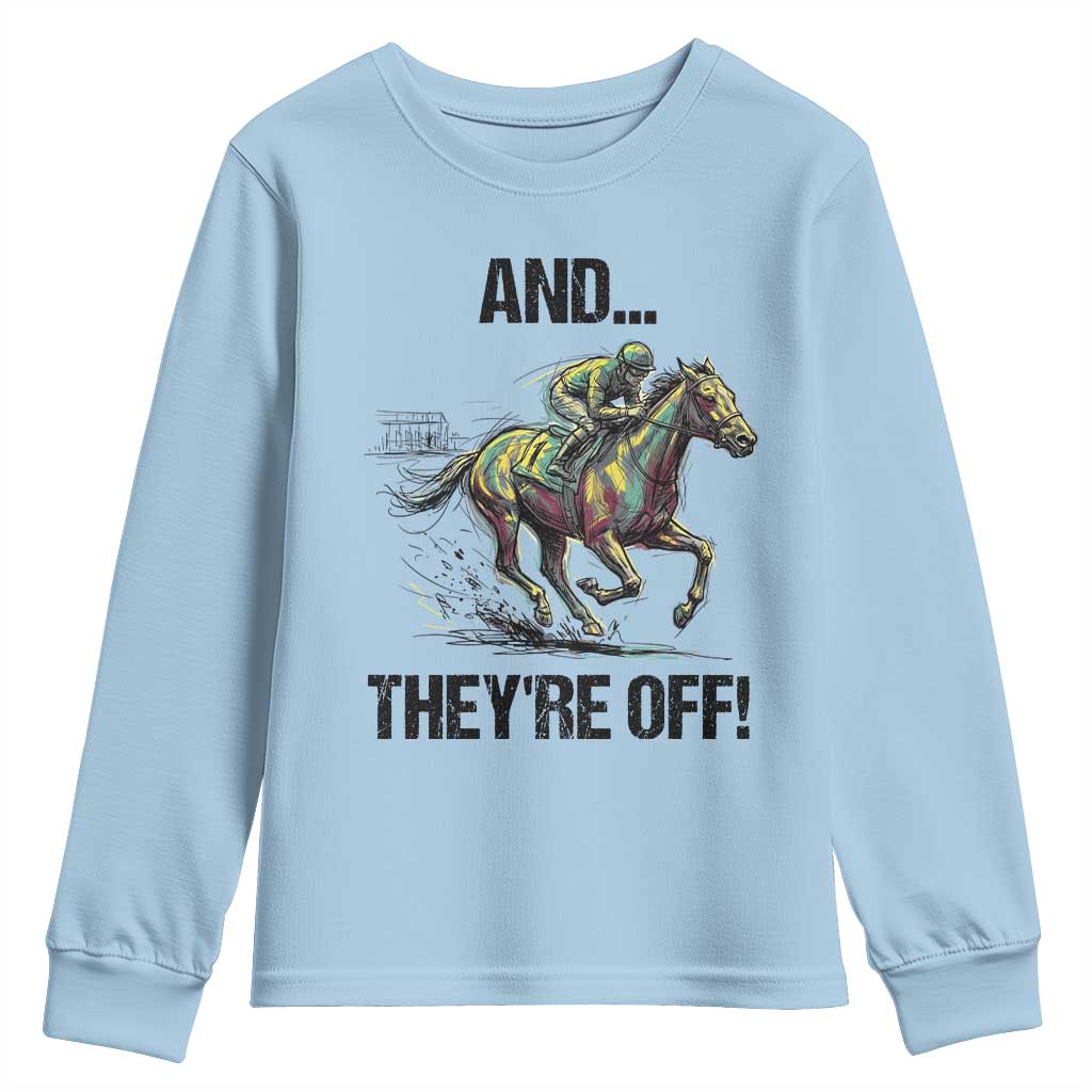And They’re Off Colorful Horse Racing Sketch Youth Sweatshirt Jockey and Thoroughbred Sprinting Race Day