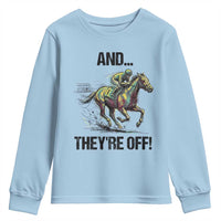 And They’re Off Colorful Horse Racing Sketch Youth Sweatshirt Jockey and Thoroughbred Sprinting Race Day