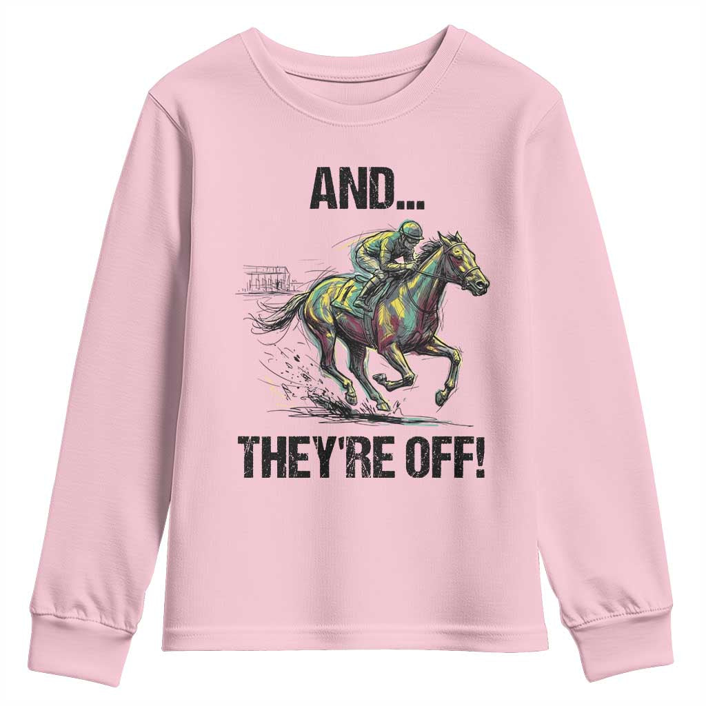 And They’re Off Colorful Horse Racing Sketch Youth Sweatshirt Jockey and Thoroughbred Sprinting Race Day