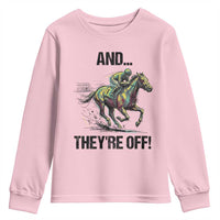And They’re Off Colorful Horse Racing Sketch Youth Sweatshirt Jockey and Thoroughbred Sprinting Race Day