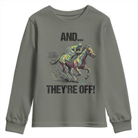And They’re Off Colorful Horse Racing Sketch Youth Sweatshirt Jockey and Thoroughbred Sprinting Race Day