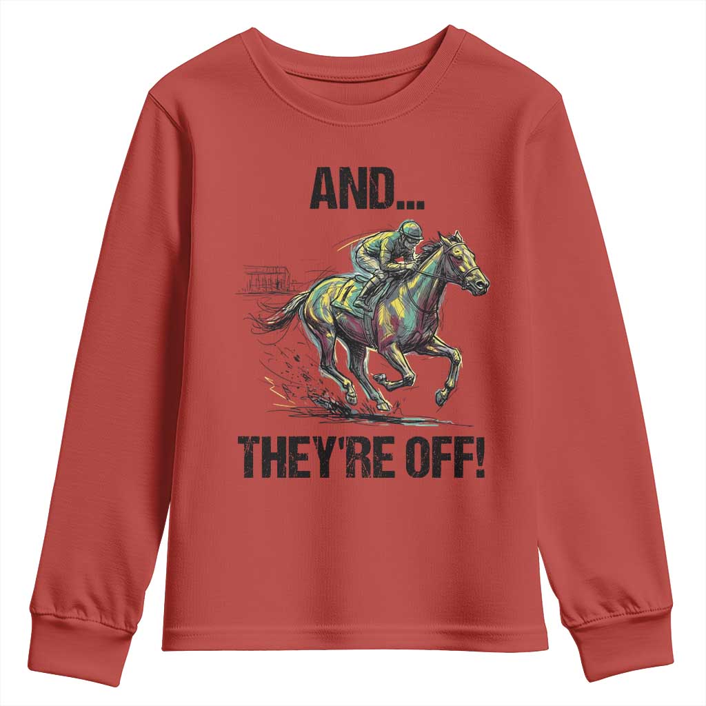 And They’re Off Colorful Horse Racing Sketch Youth Sweatshirt Jockey and Thoroughbred Sprinting Race Day