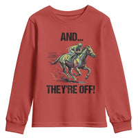And They’re Off Colorful Horse Racing Sketch Youth Sweatshirt Jockey and Thoroughbred Sprinting Race Day
