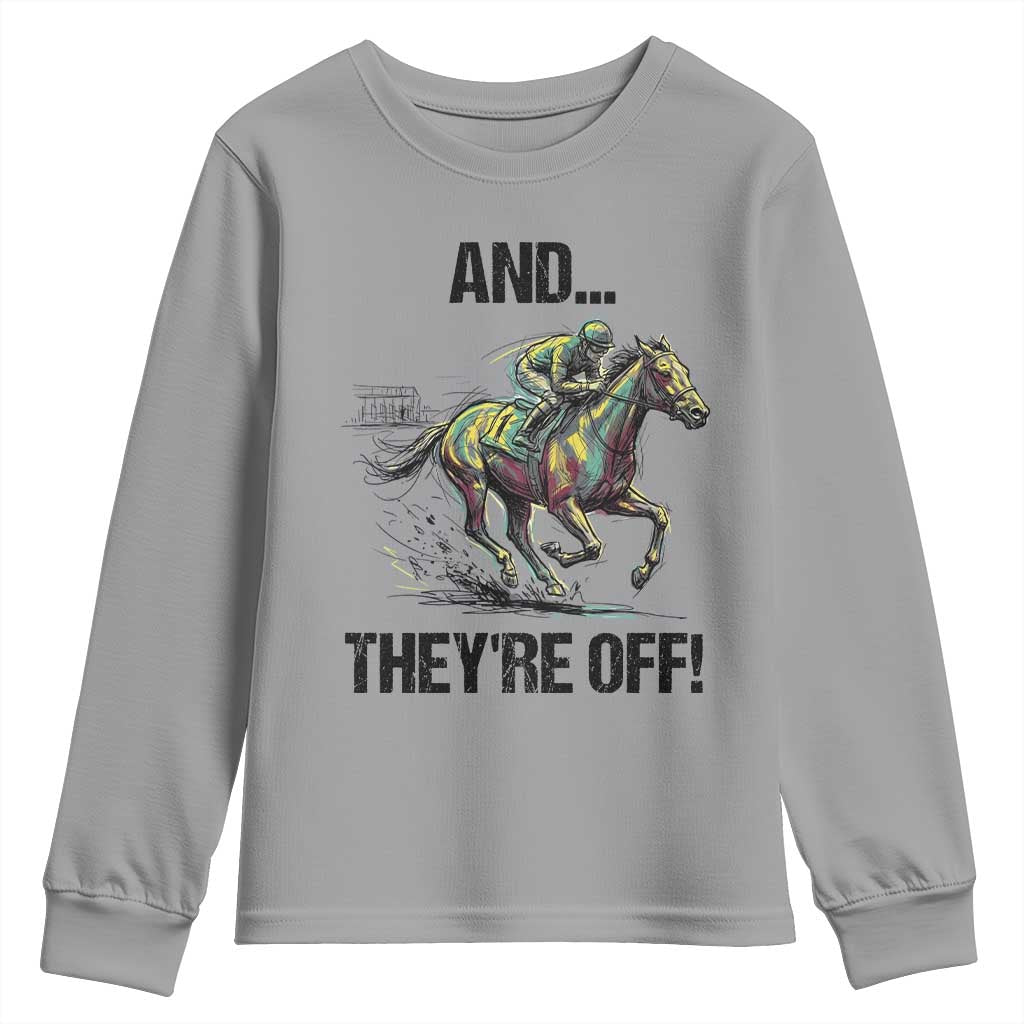And They’re Off Colorful Horse Racing Sketch Youth Sweatshirt Jockey and Thoroughbred Sprinting Race Day
