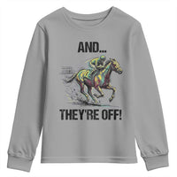 And They’re Off Colorful Horse Racing Sketch Youth Sweatshirt Jockey and Thoroughbred Sprinting Race Day