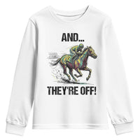 And They’re Off Colorful Horse Racing Sketch Youth Sweatshirt Jockey and Thoroughbred Sprinting Race Day