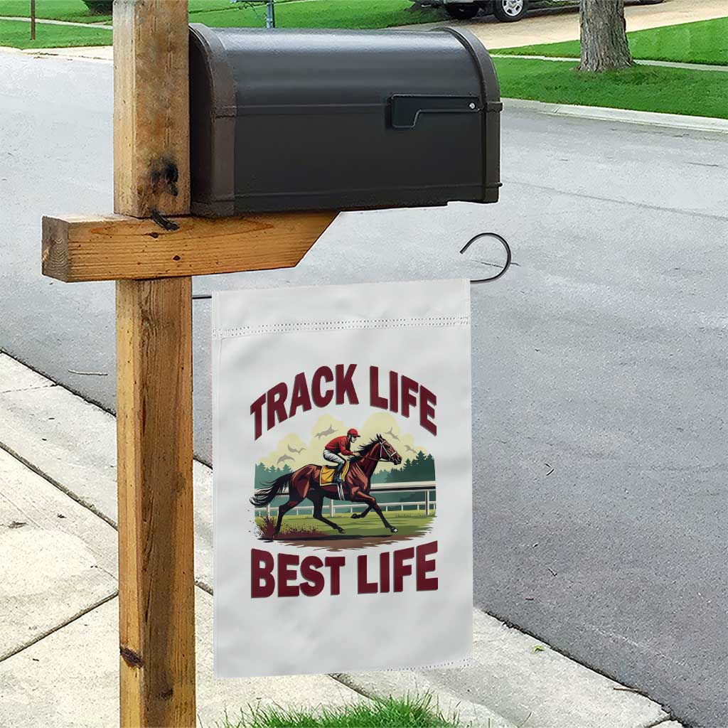 Track Life Best Life Horse Racing Enthusiast Garden Flag Retro Jockey and Racehorse Trackside Southern Equestrian