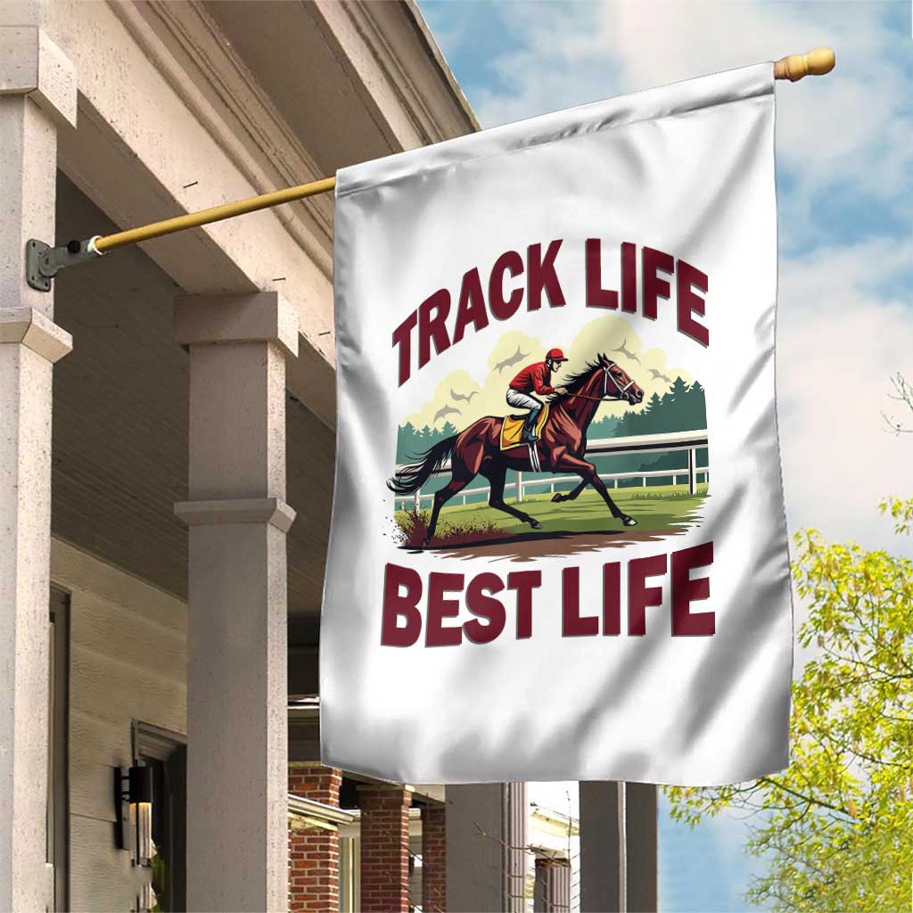 Track Life Best Life Horse Racing Enthusiast Garden Flag Retro Jockey and Racehorse Trackside Southern Equestrian