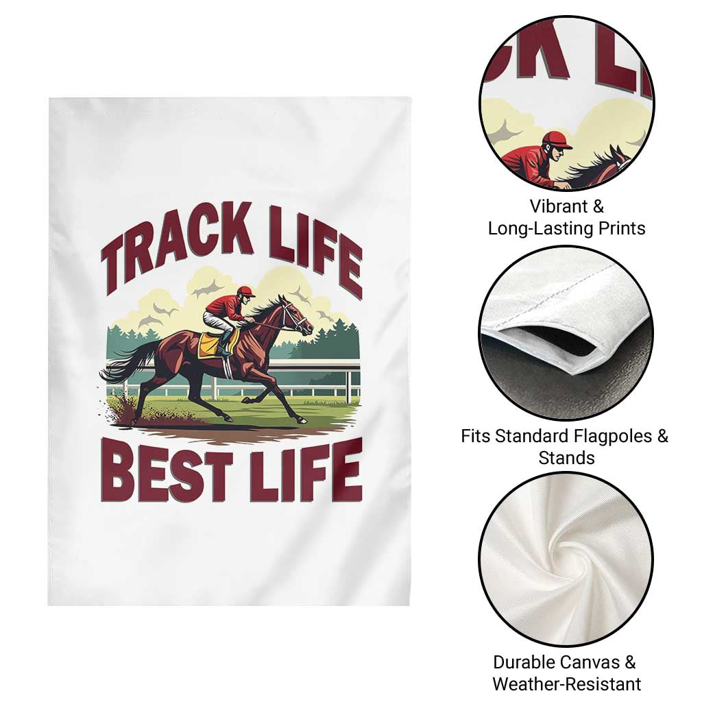 Track Life Best Life Horse Racing Enthusiast Garden Flag Retro Jockey and Racehorse Trackside Southern Equestrian