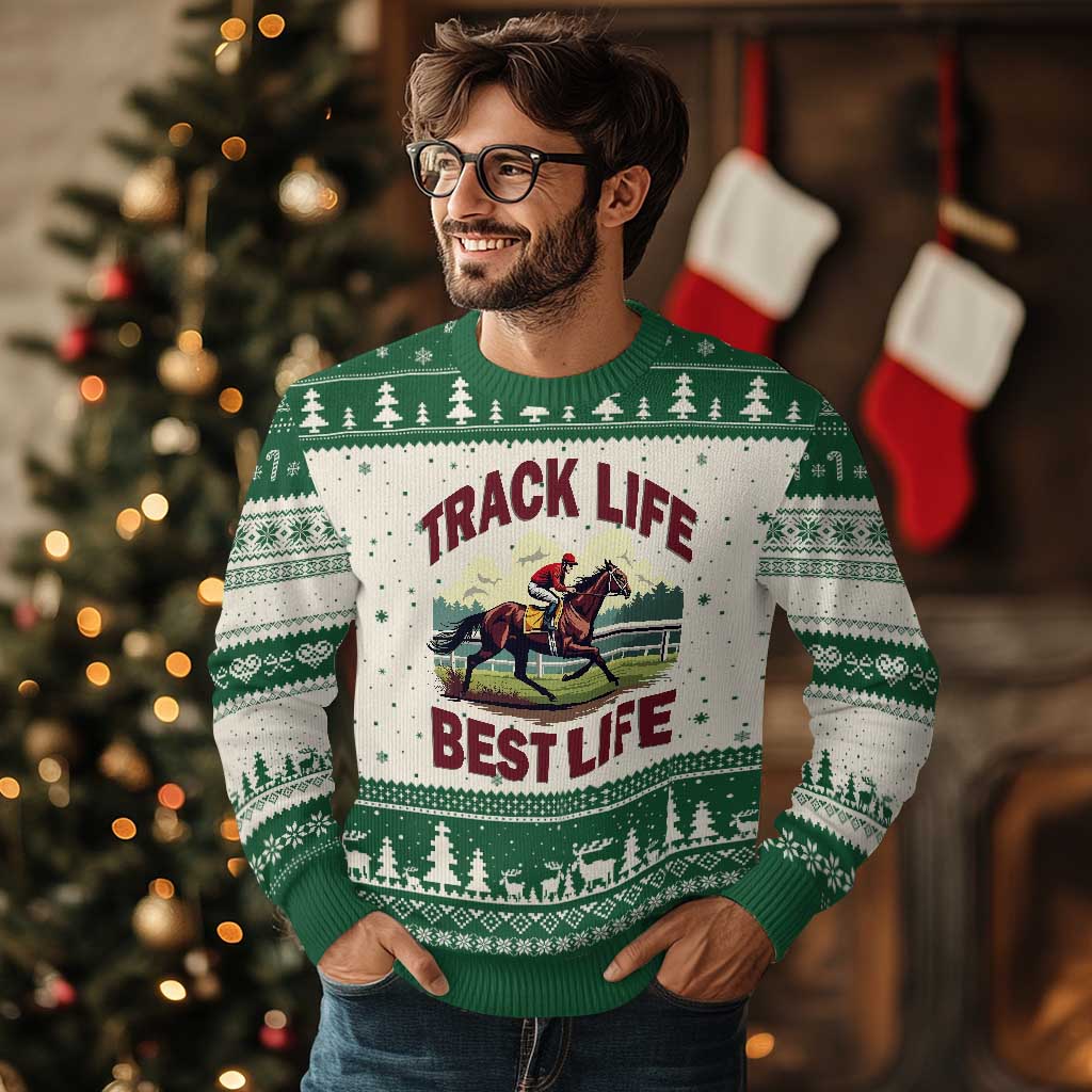 Track Life Best Life Horse Racing Enthusiast Ugly Christmas Sweater Retro Jockey and Racehorse Trackside Southern Equestrian