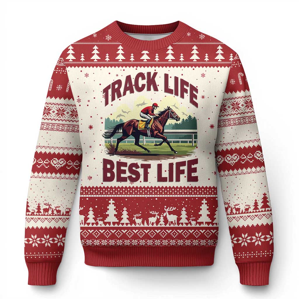 Track Life Best Life Horse Racing Enthusiast Ugly Christmas Sweater Retro Jockey and Racehorse Trackside Southern Equestrian