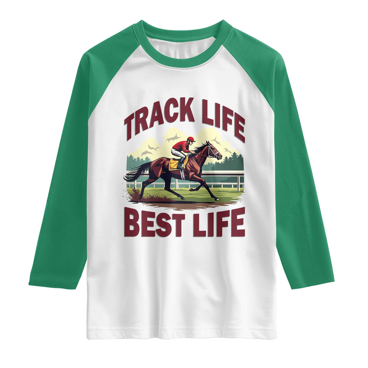 Track Life Best Life Horse Racing Enthusiast Raglan Shirt Retro Jockey and Racehorse Trackside Southern Equestrian