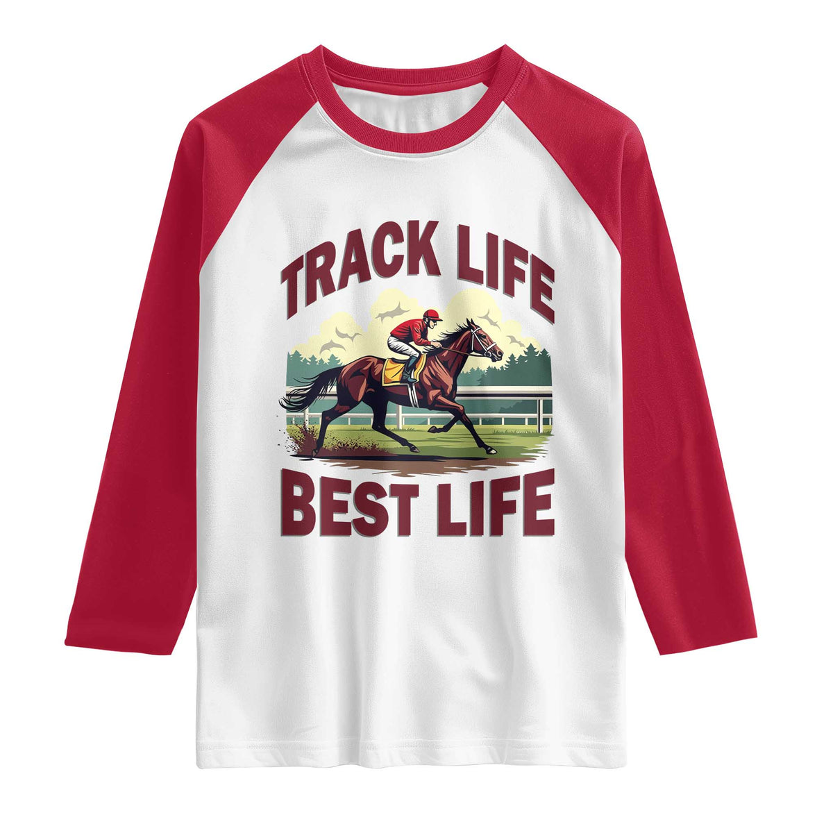 Track Life Best Life Horse Racing Enthusiast Raglan Shirt Retro Jockey and Racehorse Trackside Southern Equestrian