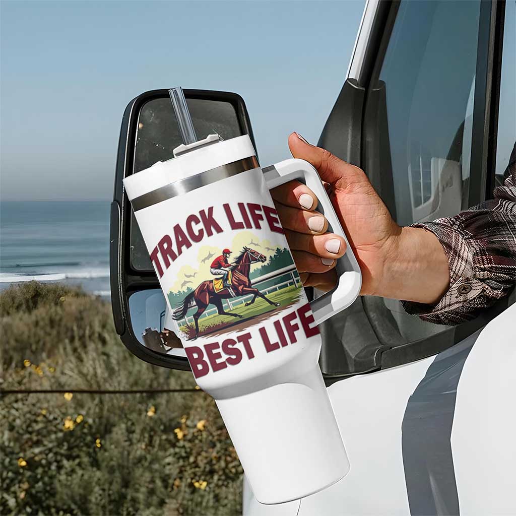 Track Life Best Life Horse Racing Enthusiast Tumbler With Handle Retro Jockey and Racehorse Trackside Southern Equestrian