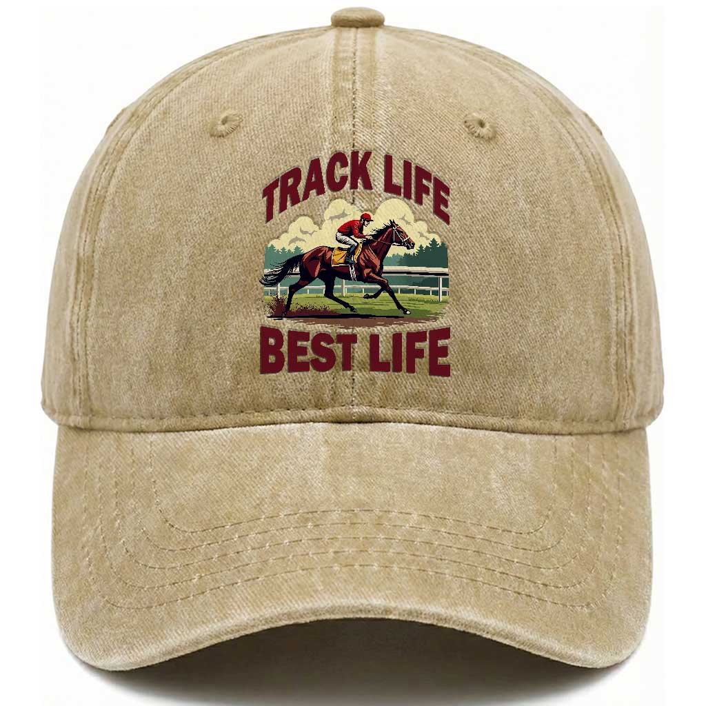 Track Life Best Life Horse Racing Enthusiast Washed Cotton Baseball Cap Retro Jockey and Racehorse Trackside Southern Equestrian