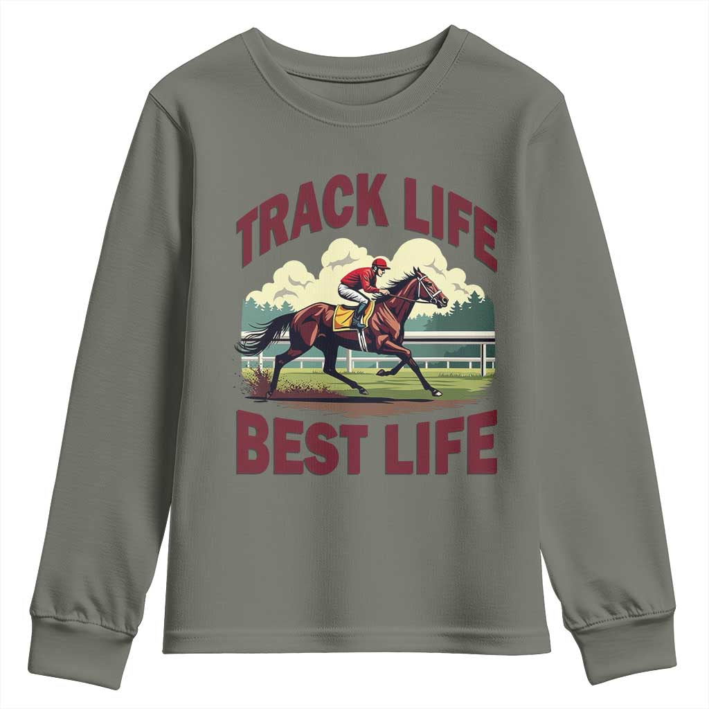 Track Life Best Life Horse Racing Enthusiast Youth Sweatshirt Retro Jockey and Racehorse Trackside Southern Equestrian
