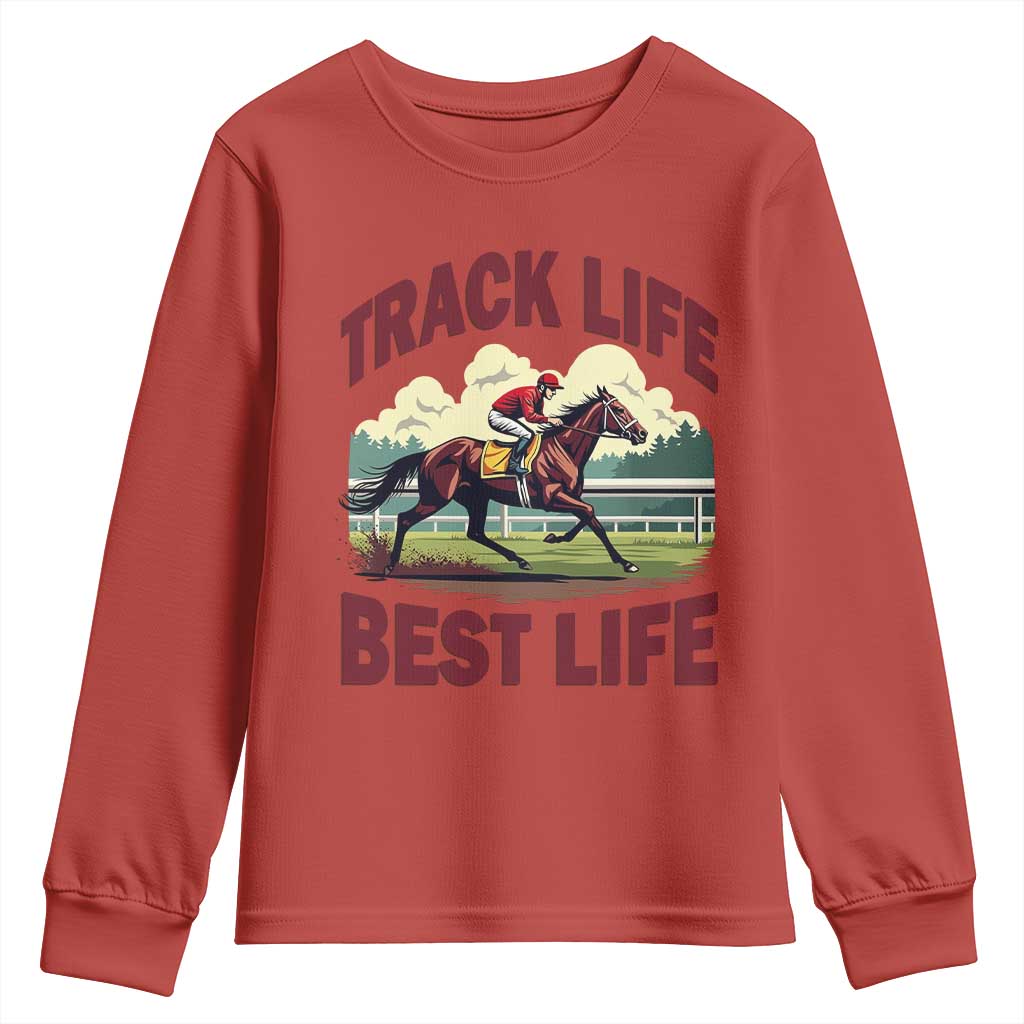 Track Life Best Life Horse Racing Enthusiast Youth Sweatshirt Retro Jockey and Racehorse Trackside Southern Equestrian