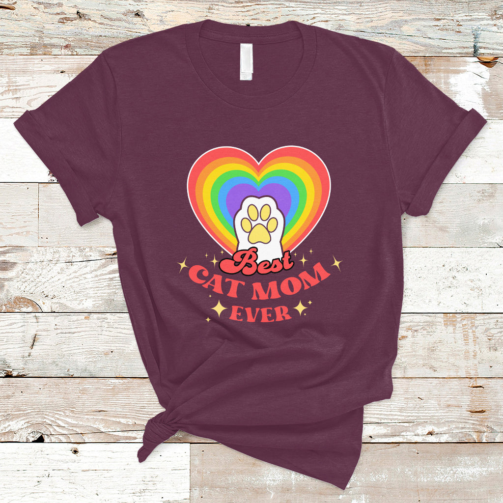 Cat Mom T Shirt Best Cat Mom Ever Cat Lover Owner Cute Rainbow Cat Paw Print - Wonder Print Shop