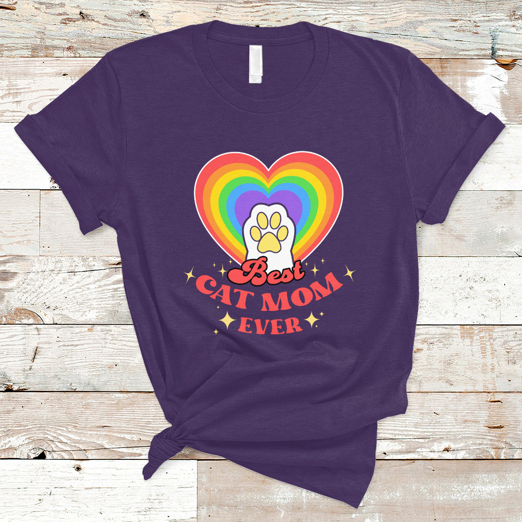 Cat Mom T Shirt Best Cat Mom Ever Cat Lover Owner Cute Rainbow Cat Paw Print - Wonder Print Shop