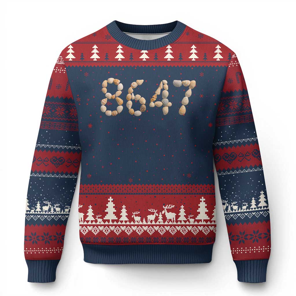 86 47 Seashell Beach Walk Graphic Ugly Christmas Sweater Subtle Coastal Summer Political Satire