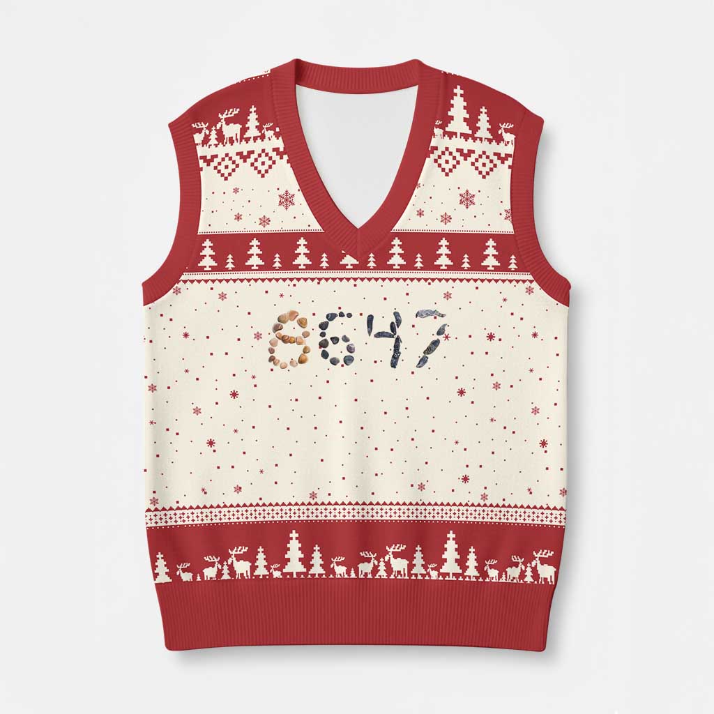 86 47 Seashell Graphic Subtle Summer Coastal V-Neck Knit Sweater Vest Viral 2026 Beach Walk Political Satire