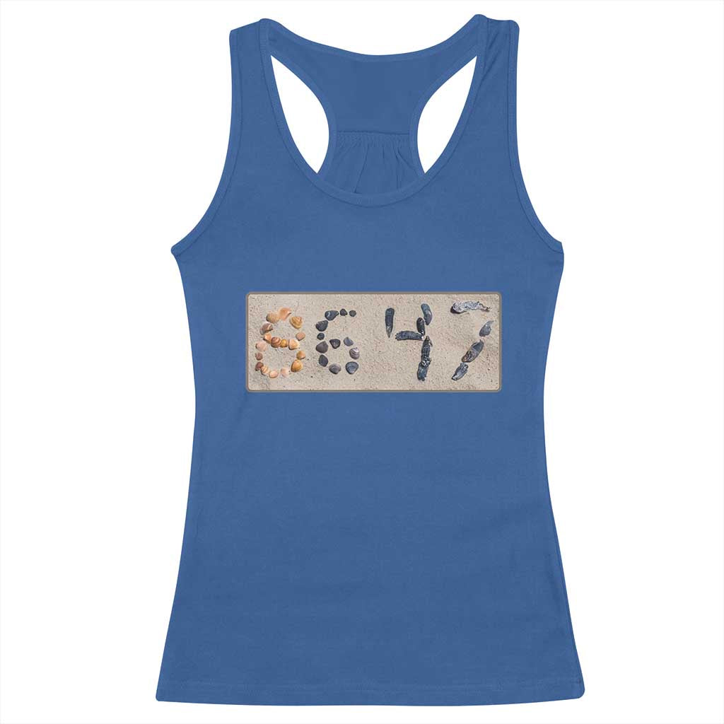 86 47 Seashell Beach Sand Graphic Racerback Tank Top Subtle Coastal Summer Political Satire