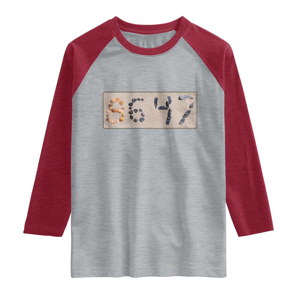 86 47 Seashell Beach Sand Graphic Raglan Shirt Subtle Coastal Summer Political Satire