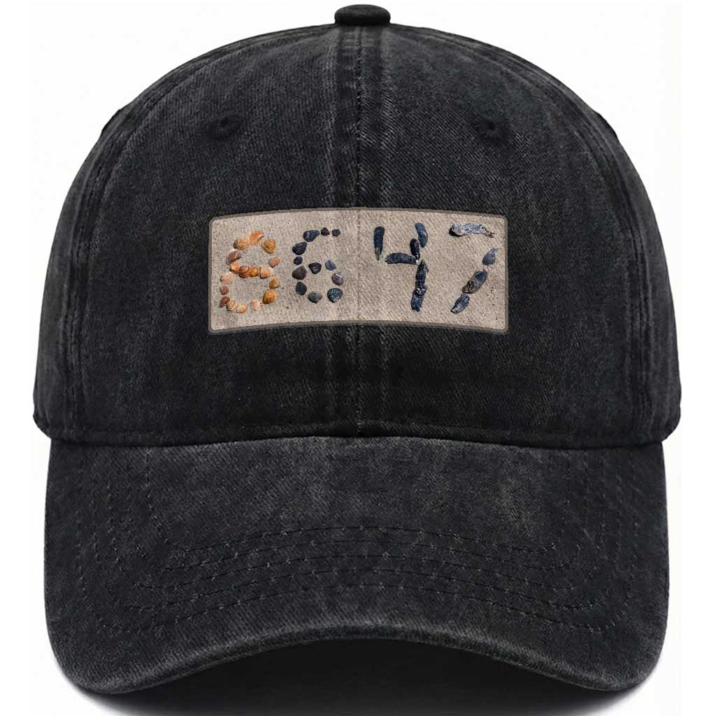 86 47 Seashell Beach Sand Graphic Washed Cotton Baseball Cap Subtle Coastal Summer Political Satire
