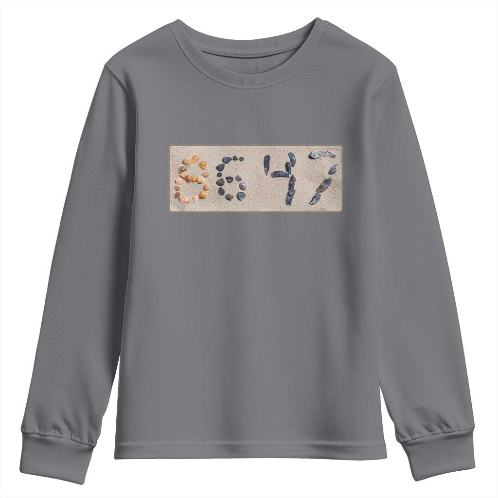 86 47 Seashell Beach Sand Graphic Youth Sweatshirt Subtle Coastal Summer Political Satire