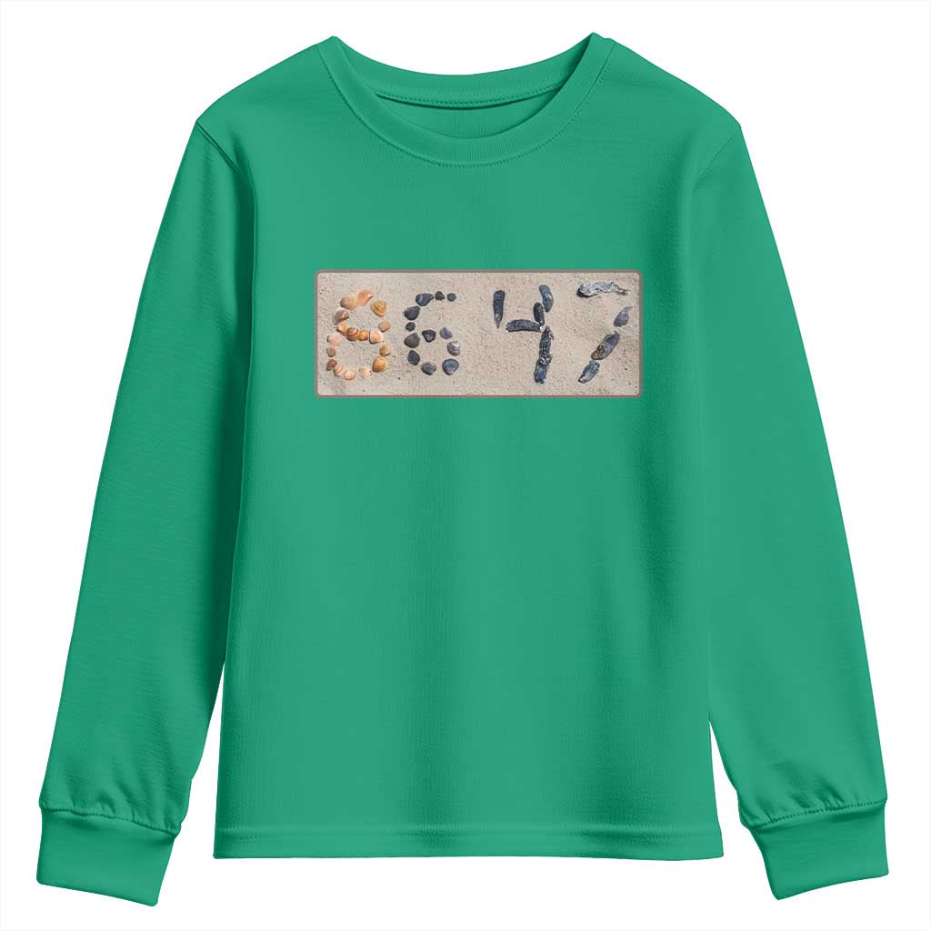 86 47 Seashell Beach Sand Graphic Youth Sweatshirt Subtle Coastal Summer Political Satire