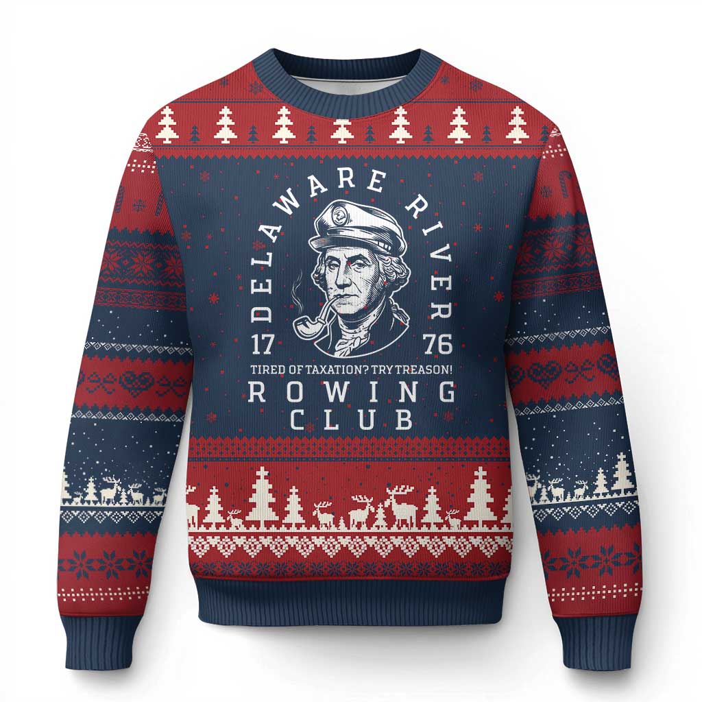 Delaware River Rowing Club 1776 Vintage Funny Patriotic Ugly Christmas Sweater George Washington Tired of Taxation Try Treason