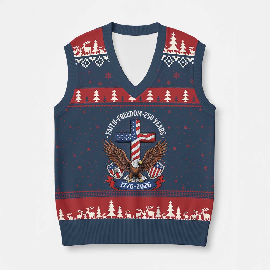 Faith Freedom 250 Years Patriotic Eagle V-Neck Knit Sweater Vest USA Flag Christian Cross 1776 to 2026 Semiquincentennial