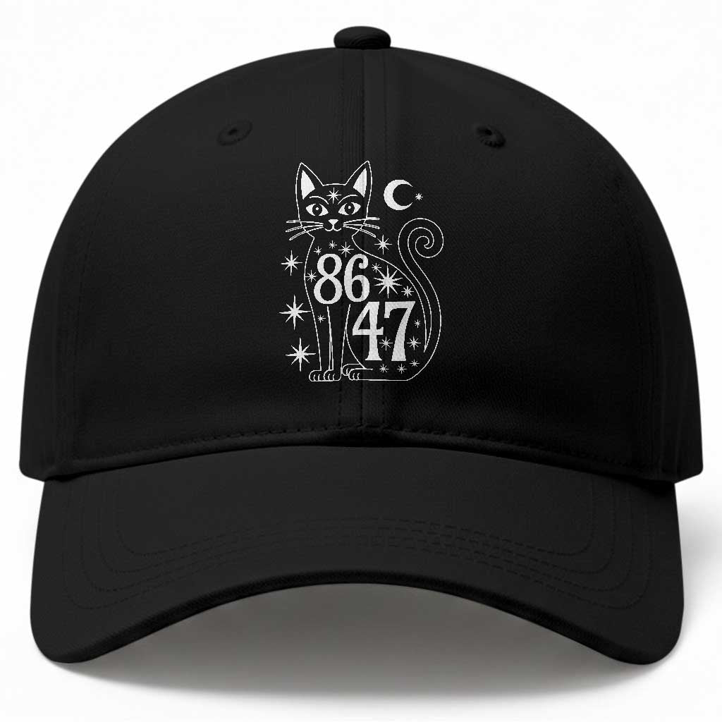 86 47 Celestial Black Cat Mystic Baseball Cap Moon Stars Coded Political Satire