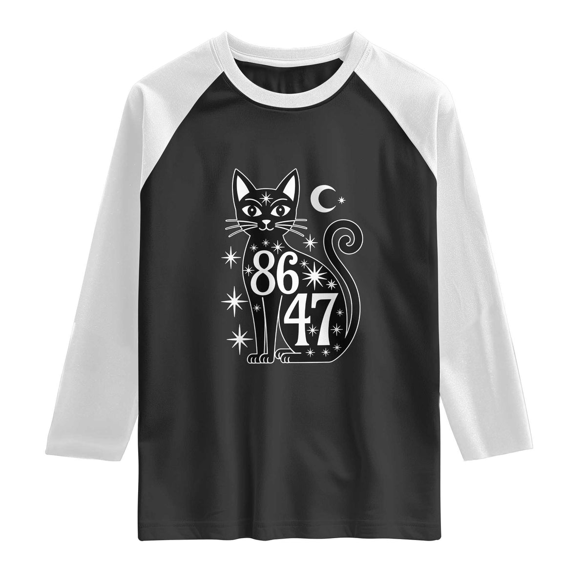 86 47 Celestial Black Cat Mystic Raglan Shirt Moon Stars Coded Political Satire